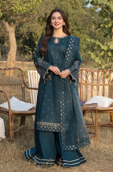 3PC - DHANAK Embroidered Shirt with Organza Sequence Embroidered Dupatta ZF232