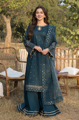 3PC - DHANAK Embroidered Shirt with Organza Sequence Embroidered Dupatta ZF232