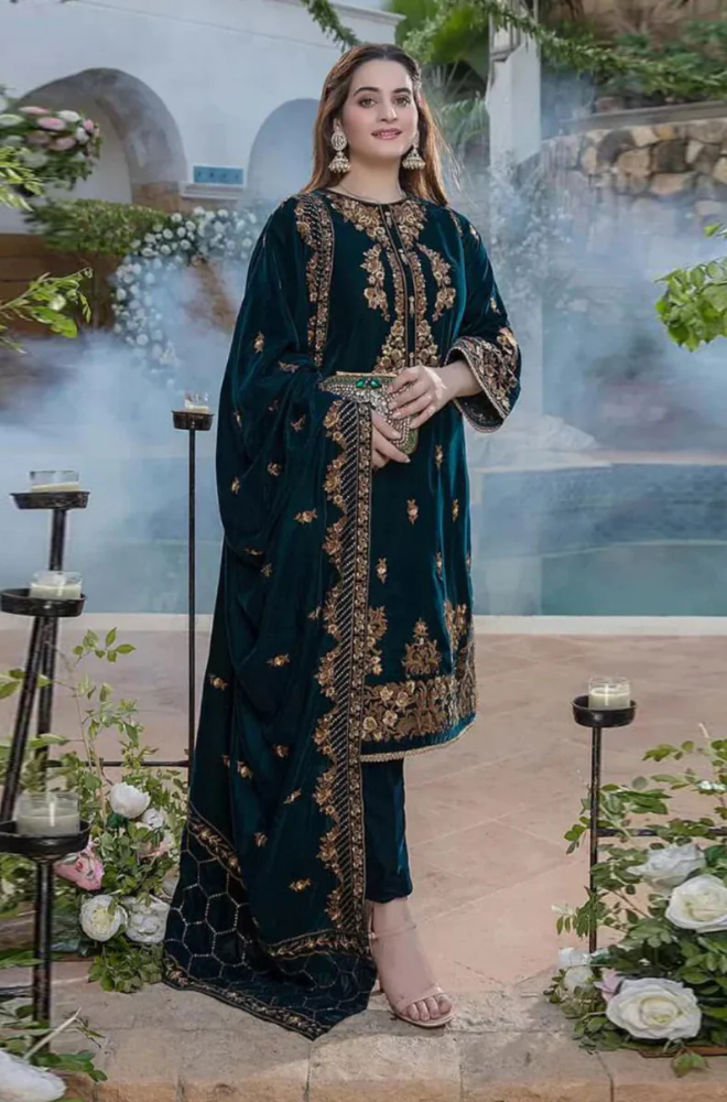 AZURE  - 3PC VELVET EMBROIDERED ZF281